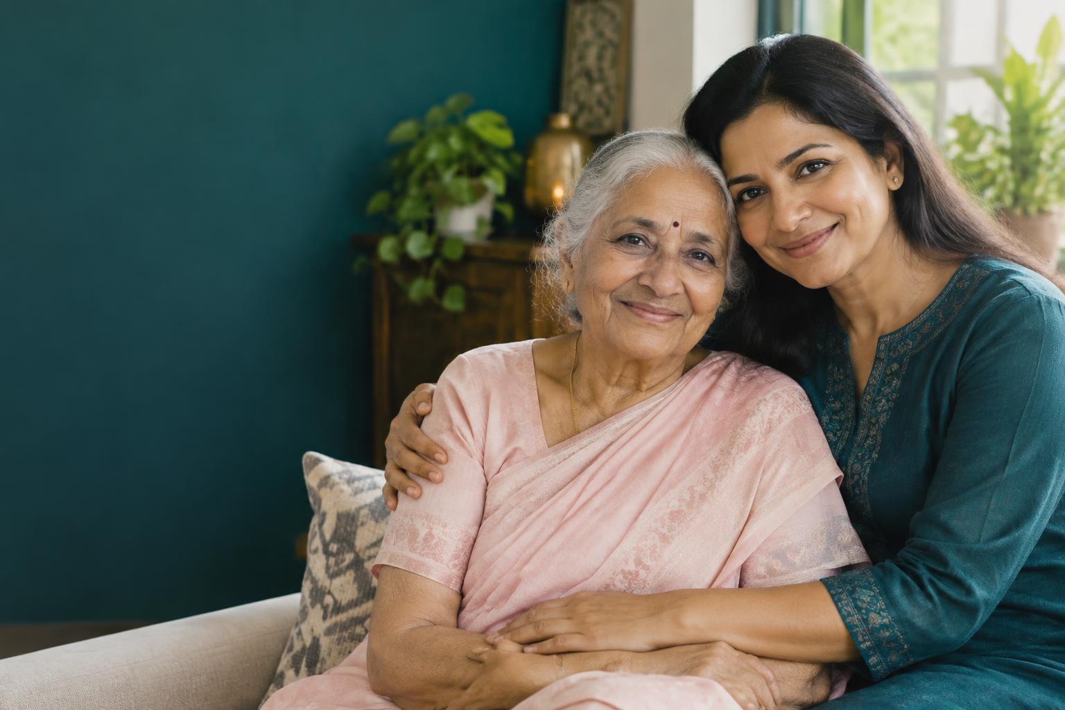 An older mother and her daughter sharing a caring embrace